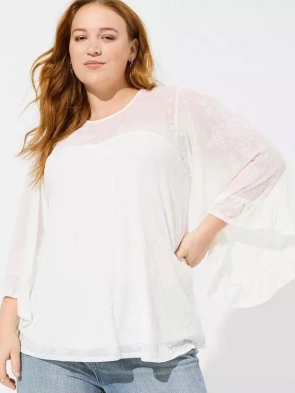 Torrid Bright White Lace Mesh Bell Sleeve Swing Top